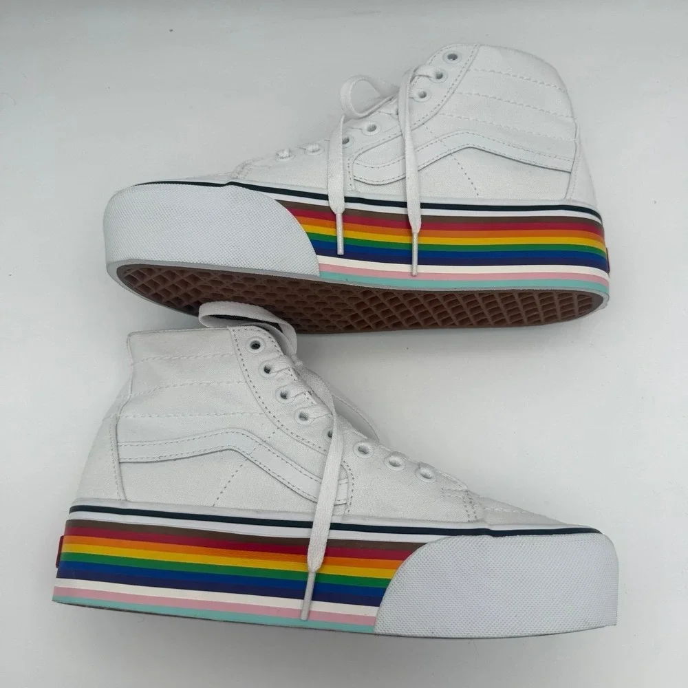 Women's Vans Sk8-Hi Tapered Stackform Pride White Rainbow Platform Shoes Sz 8.5